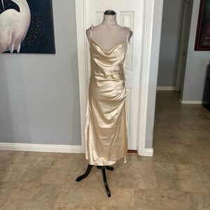 New Women Large champagne-colored satin slip dress with cowl neck ,ruched dress